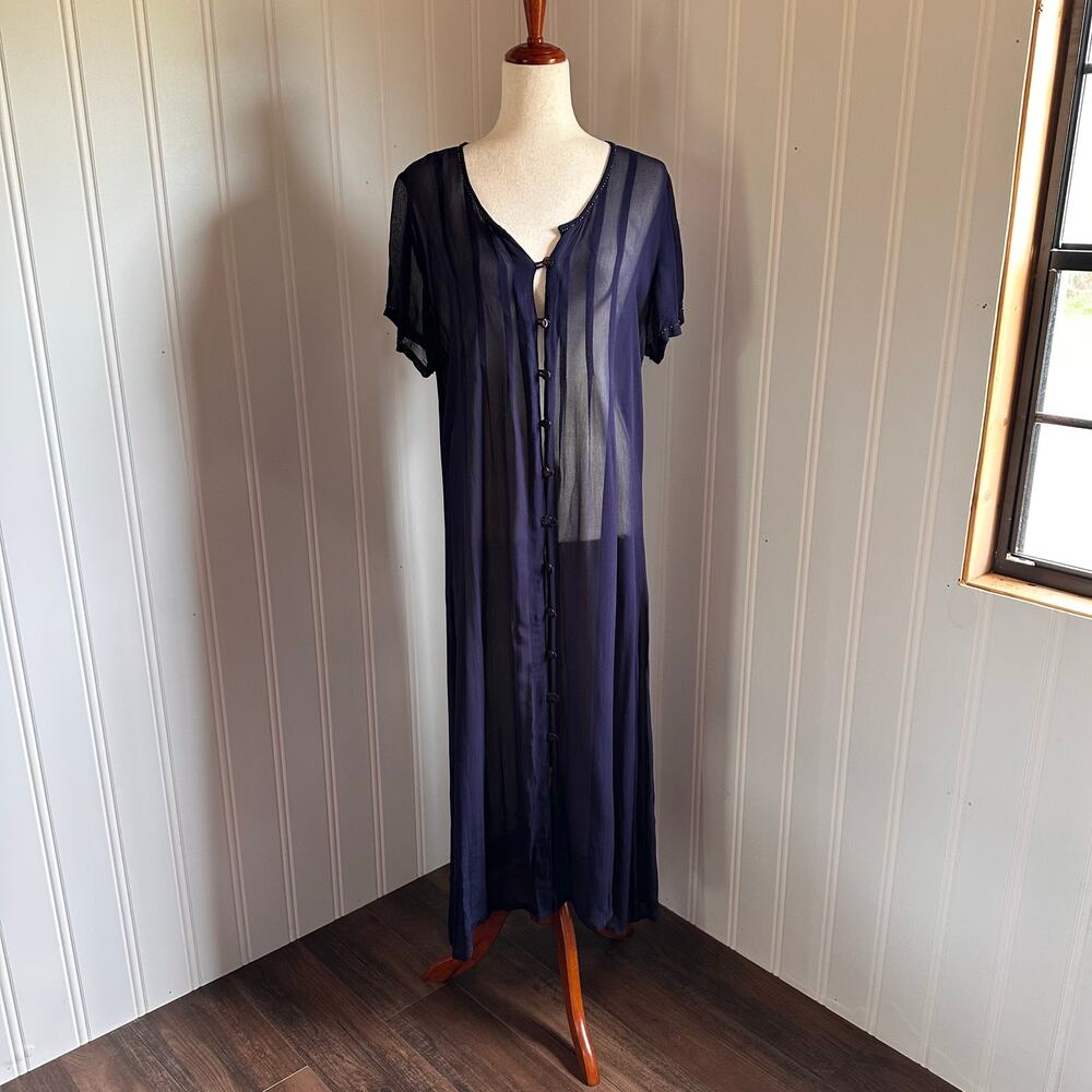 Vintage 90s/Y2K Blue Sheer Beaded Duster M